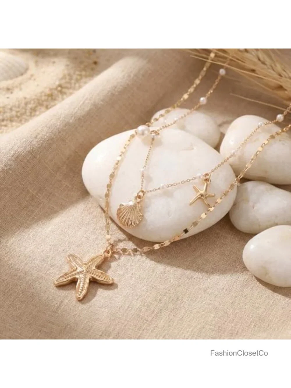 Gold Plated Shell Starfish Necklace for Women Layered Pendant Pearl Conch Boho